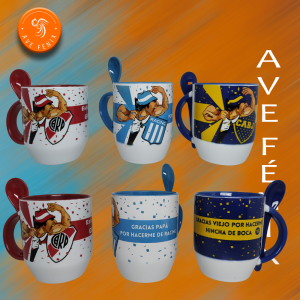 taza blanca con fondo de color y cucharita